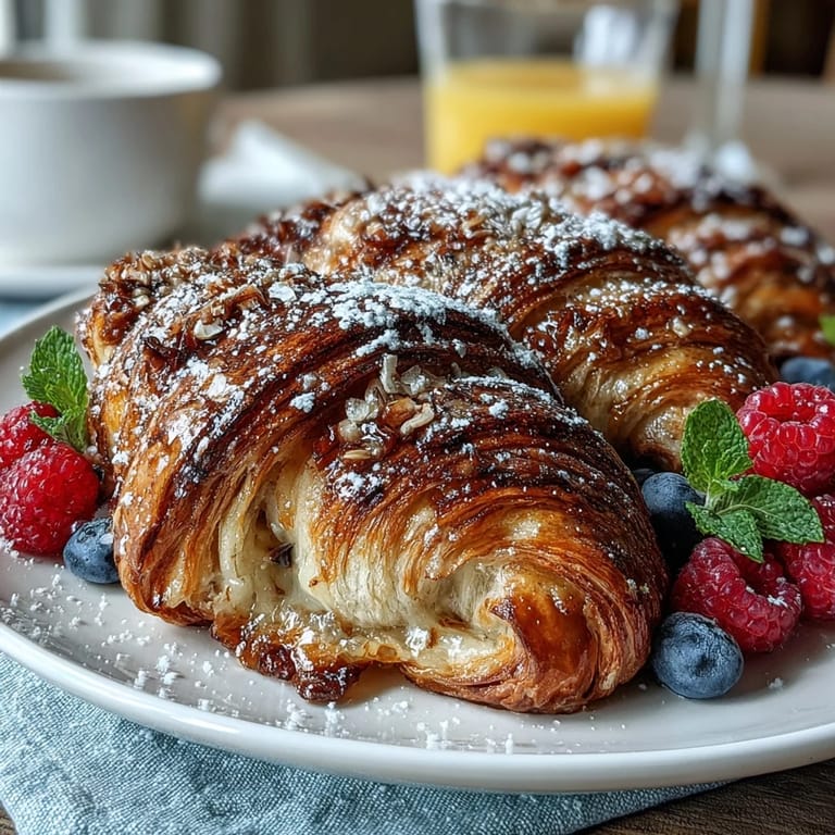 Elegant Mother's Day brunch board featuring flaky croissants, colorful berries, and sparkling mimosas on a rustic serving platter.