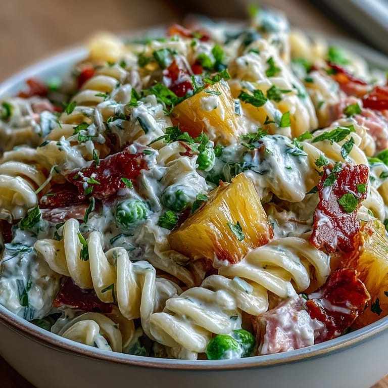 Tropical Hawaiian Pasta Salad featuring tender rotini, juicy pineapple, savory ham, and crunchy vegetables, all tossed in tangy ranch dressing.