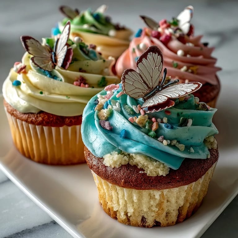 Soft vanilla cupcakes are adorned with pastel buttercream in pink, yellow, green, and purple, crowned with charming edible butterflies.