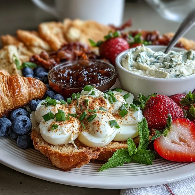 Vibrant Easter brunch platter featuring classic deviled eggs, seasonal berries, and assorted pastries—perfect for holiday gatherings.