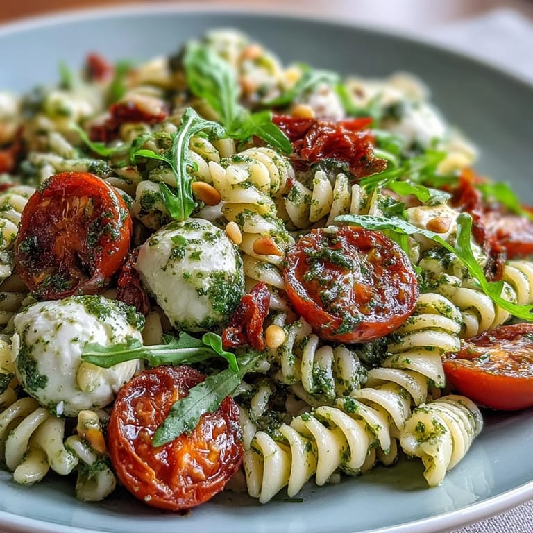 Vibrant pesto pasta salad with cherry tomatoes and mozzarella—aromatic basil and juicy bursts perfect for warm weather dining.