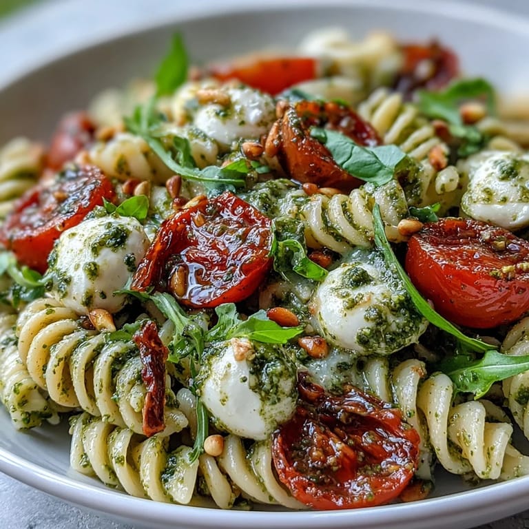 Creamy mozzarella and pesto pasta salad with cherry tomatoes—fresh basil aroma and colorful presentation for easy entertaining.
