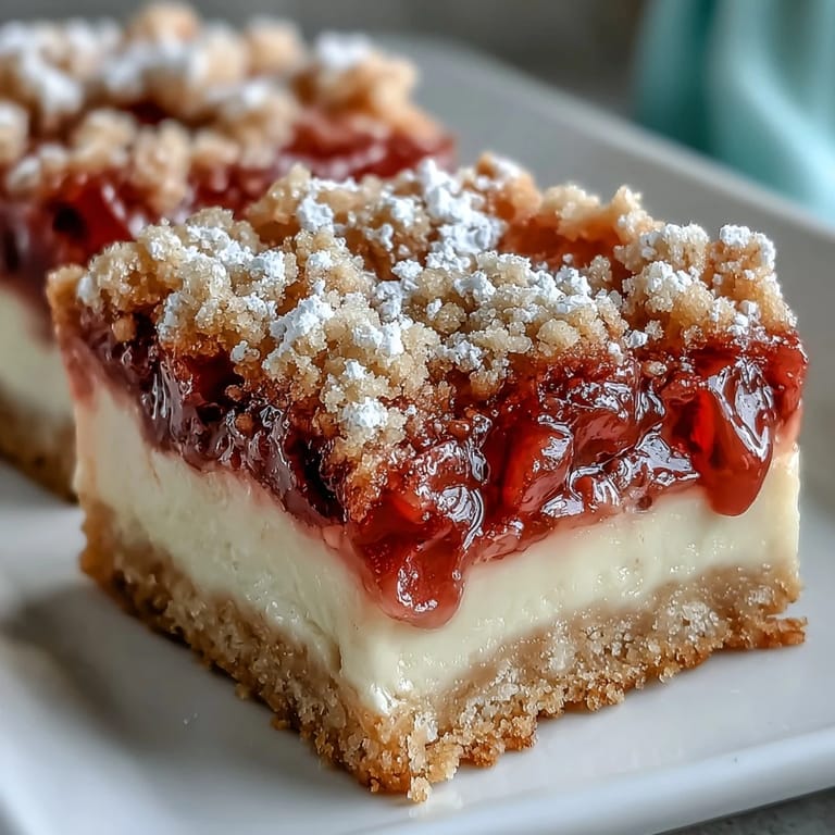 Tangy rhubarb custard bars with buttery shortbread crust ready for serving.
