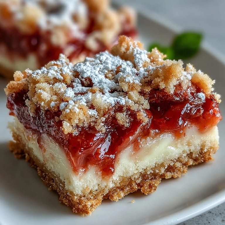 Close-up of fresh Rhubarb Custard Bars with a dusting of powdered sugar.