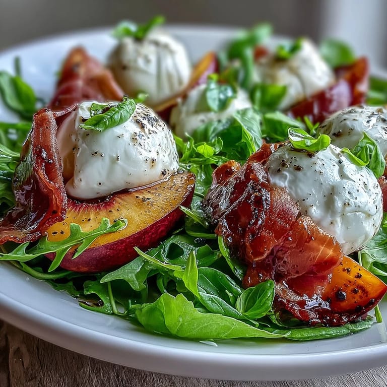Refreshing burrata peach summer salad, drizzled with balsamic glaze, ready to serve.