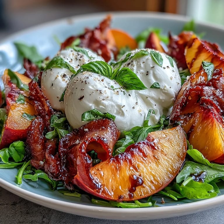 Juicy peach and burrata summer salad, elegantly arranged with salty prosciutto.