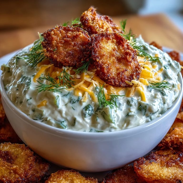 Creamy Fried Pickle Dip with golden fried pickles makes an irresistible appetizer.