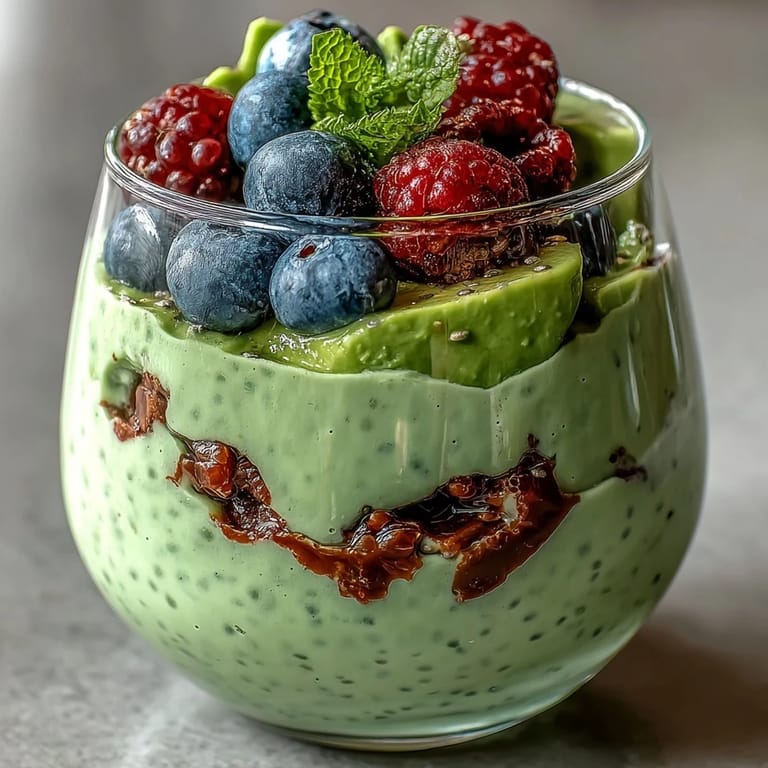 Delightful avocado chia pudding parfait showing layers of fruit and cream.