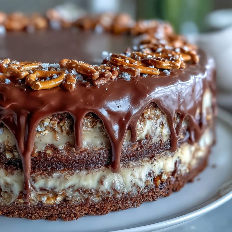 Celebrate Dad with this festive Chocolate Peanut Butter Pretzel Cake.