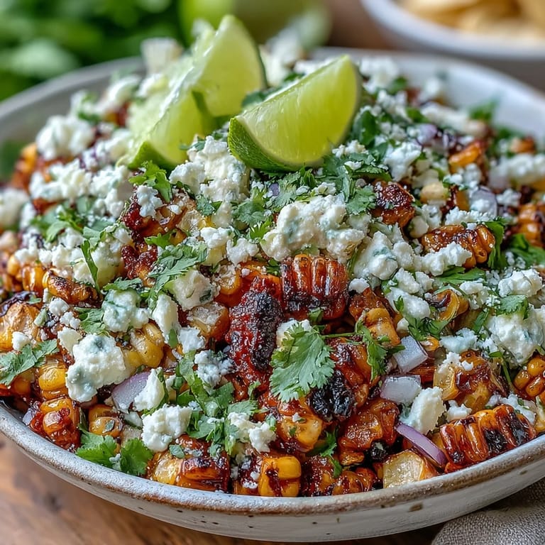 Vibrant Mexican Street Corn Salad with lime, chili powder, and salty cotija.