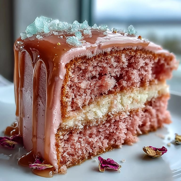 Visually stunning rosé velvet cake, featuring a luxurious edible gold chocolate drip.