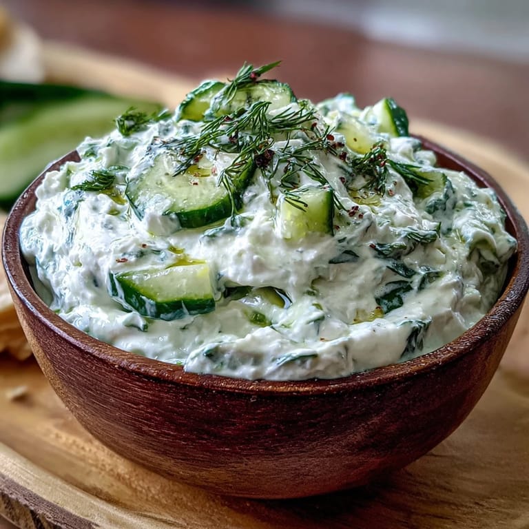 Vivid Skyr Tzatziki Dip, glistening with olive oil, ready to serve with pita.