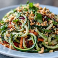 Vibrant spiralized zucchini, carrot, and cucumber noodles tossed in zesty sesame-ginger dressing, garnished with sesame seeds.