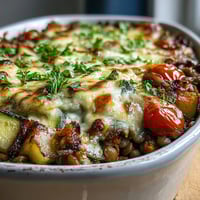 A close-up view of the golden-bubbly Green Lentil and Vegetable Casserole, fresh from the oven and garnished with fresh parsley.