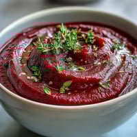 This vibrant, deep red roasted beet soup is served steaming in a rustic ceramic bowl, garnished with fresh thyme.