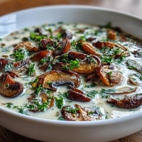 Silky vegetarian Mushroom Soup garnished with fresh parsley, served hot in a rustic bowl with a slice of crusty bread.