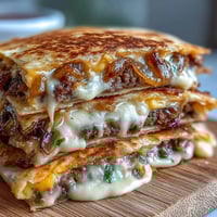 Crushed burger patties and melted cheddar peek from a golden griddled tortilla, drizzled with tangy mayo-mustard sauce.