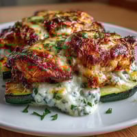 Fork-tender pieces of High Protein Chicken Zucchini Bake rest in a creamy, cheesy layer, fresh from the oven.