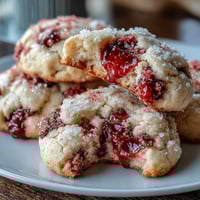 Freshly baked Soft Chewy Raspberry Sugar Cookies are arranged on a cooling rack with vibrant red berry pieces.