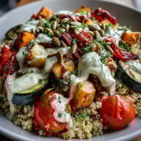 Golden roasted vegetables with oregano and paprika rest on fluffy quinoa in this nourishing Roasted Vegetable Quinoa Bowl.