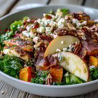 Golden roasted chicken and caramelized sweet potatoes top a bed of massaged kale in this Fall Sweet Potato Harvest Bowl. Fresh apple slices, creamy goat cheese, and toasted almonds add color and crunch for a vibrant autumn meal.
