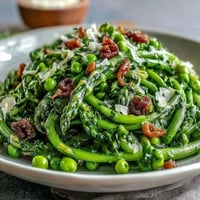Fresh shaved asparagus and pea salad with lemon dressing, topped with Parmesan and toasted pine nuts for a bright, crisp spring side dish.