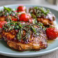 Vibrant sheet pan chicken dinner with juicy chicken, zucchini rounds, and cherry tomatoes, seasoned with lemon and herbs.