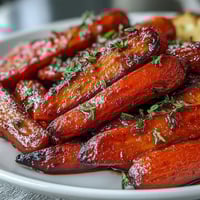 Honey Glazed Roasted Carrots with Thyme—golden, tender carrots roasted to perfection with a glossy honey glaze and aromatic thyme.  