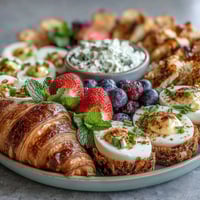 Festive Easter brunch board with deviled eggs, fresh fruit, and pastries arranged for a colorful, shareable spread.