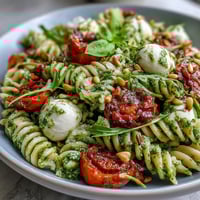 Fresh summer pasta salad with pesto, cherry tomatoes, and mozzarella—bright colors and creamy textures in every bite.