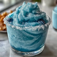 Vibrant Blue Raspberry Lemonade Slushie, a frosty summer treat garnished with fruit.