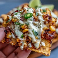 Loaded Cinco de Mayo Elote Nachos with zesty chipotle crema, a perfect party appetizer.