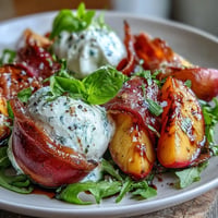 Creamy burrata atop sweet peaches and prosciutto, a vibrant summer salad.