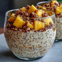 Creamy Skyr Protein Chia Pudding with bright mango swirl, perfect for breakfast.