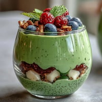 Creamy avocado chia pudding parfait layered with fresh berries and crunchy granola.